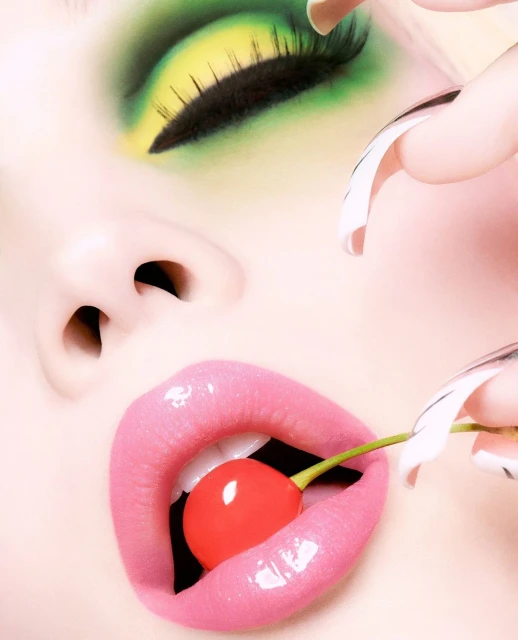 Close-up beauty shot of a woman with pink lips holding a cherry in her mouth, dramatic eye makeup, and long white manicured nails.