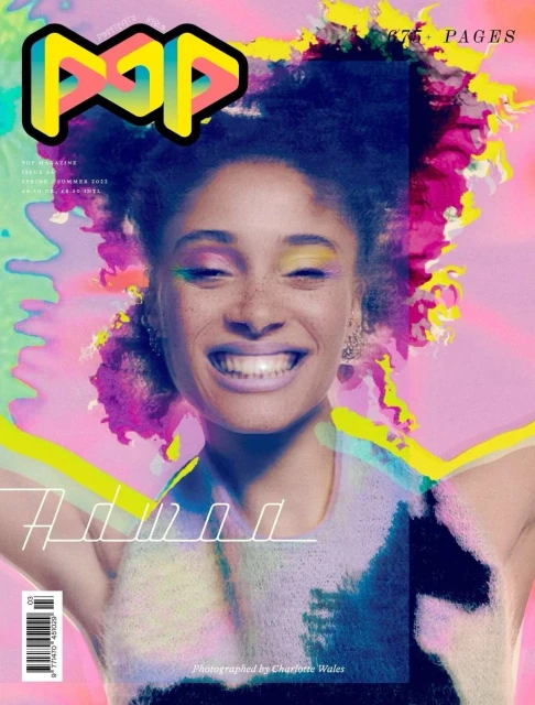 Close-up magazine cover with a smiling Black woman with colorful makeup, artful border, and the text 'POP' and 'Adwoa'.