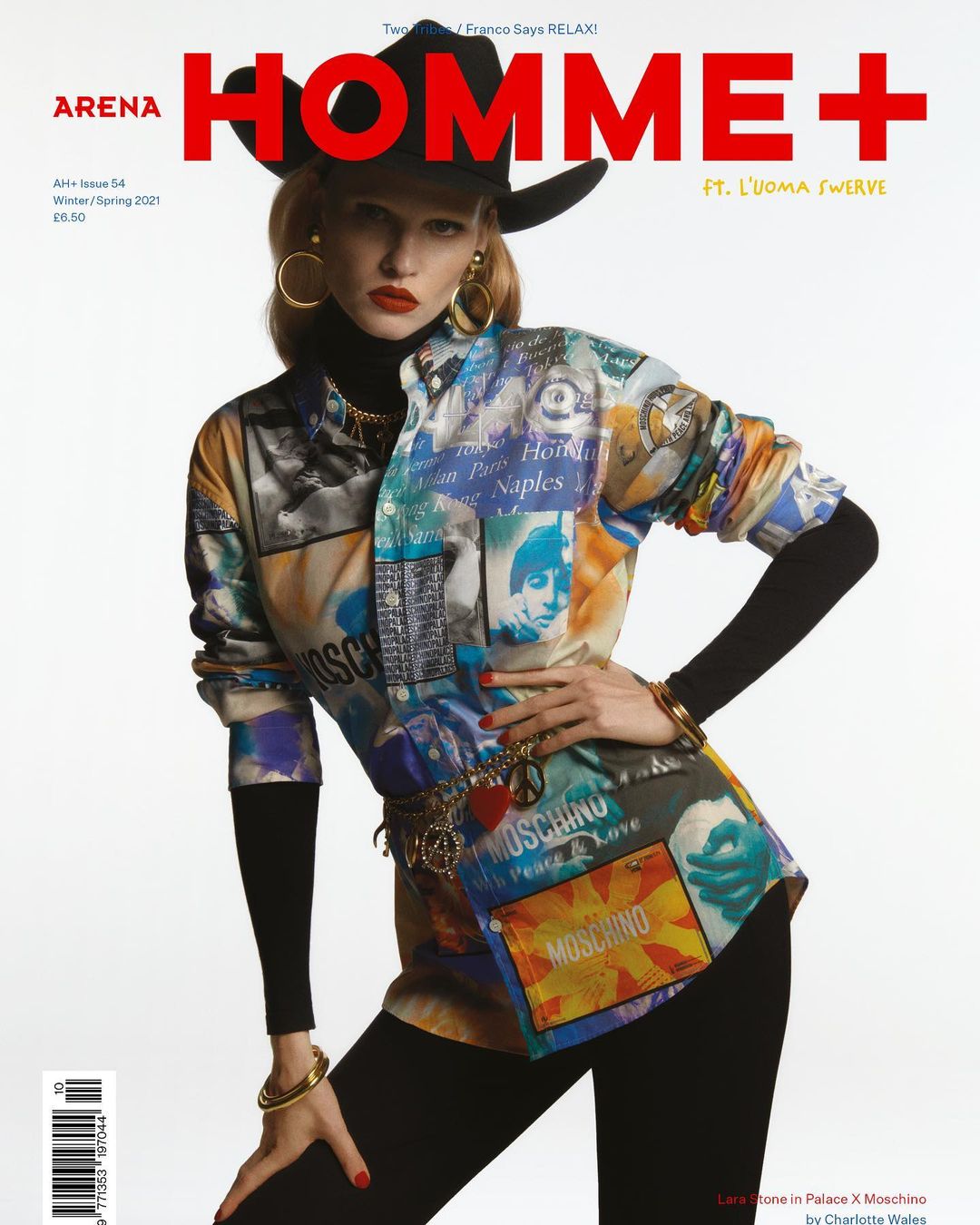 Magazine cover featuring a woman in a patterned shirt and black cowboy hat, accessorized with gold jewelry and a belt. The cover reads: HOMME+.