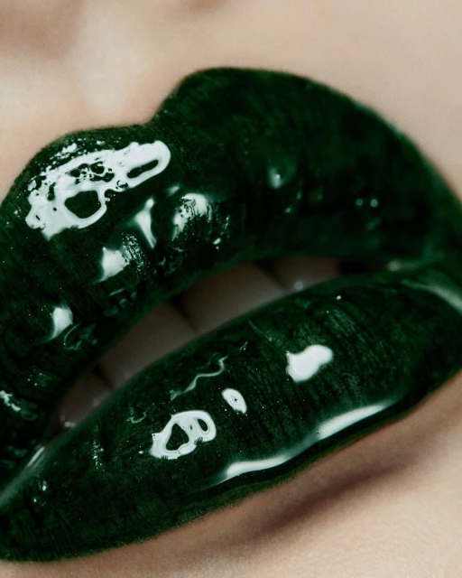 Close-up shot of a person's lips painted with dark green, glossy lipstick. The makeup is highlighted by bright studio lighting.