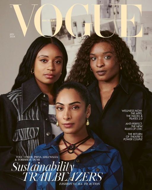 British Vogue cover featuring three women: Tolu Coker, Priya Ahluwalia, and Torisheju Dumi, for a sustainability-themed issue with fashion forward styling.