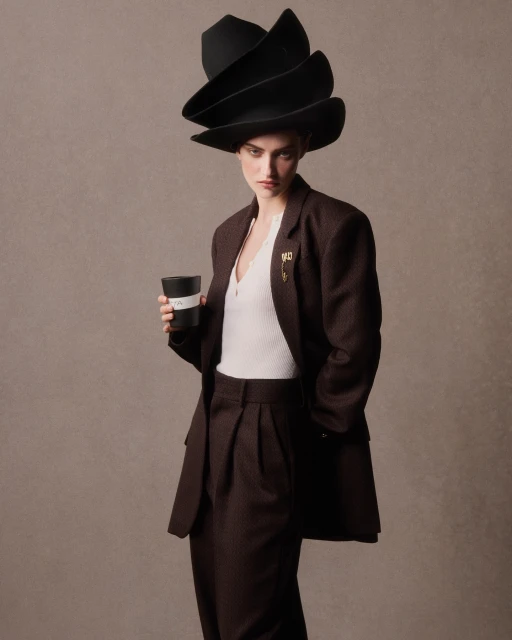 Portrait of a woman in a brown suit and a sculptural black hat holding a black cup against a taupe background.