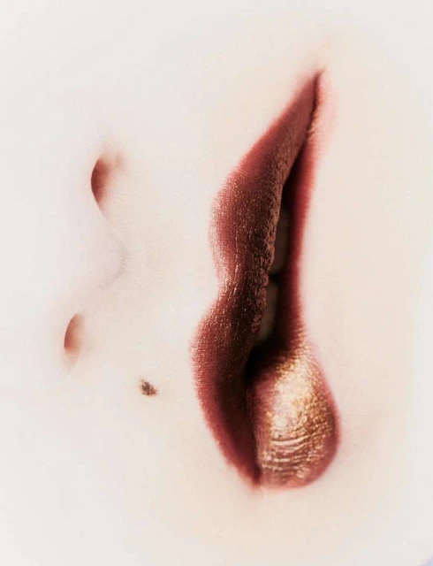 Close-up of person's face featuring lips with bronze-colored lipstick and a mole, set against a light-toned, out-of-focus background.