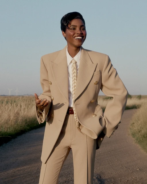 Woman in beige suit smiles on a rural road with turbines in the distance on a clear day, exuding confidence and style.