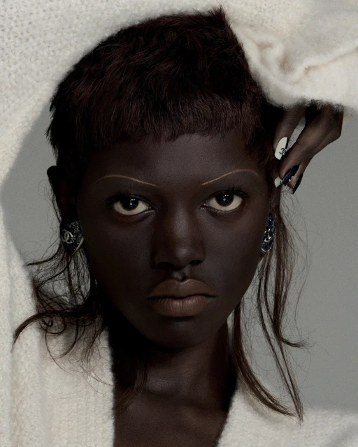 Close-up portrait of a young adult female with dark skin and a serious expression, adorned with distinctive makeup and jewelry.