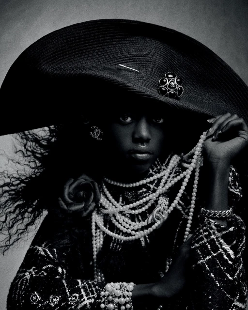 A solitary Black model wearing oversized black hat, tweed jacket, and pearls in a fashion-forward pose, against a studio backdrop.