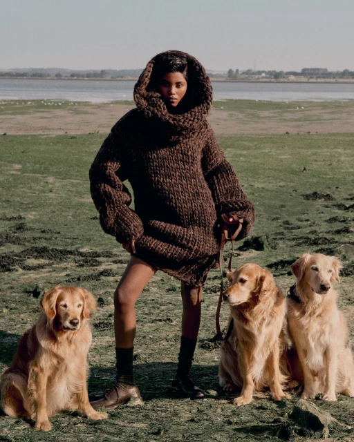 Woman in oversized brown knit sweater posing with four golden retrievers in grassy field near water on a sunny day.
