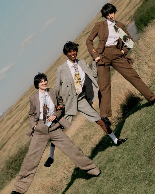 Three women in stylish suits and ties pose outdoors in a grassy field under a bright sky, showcasing fashion and elegance.