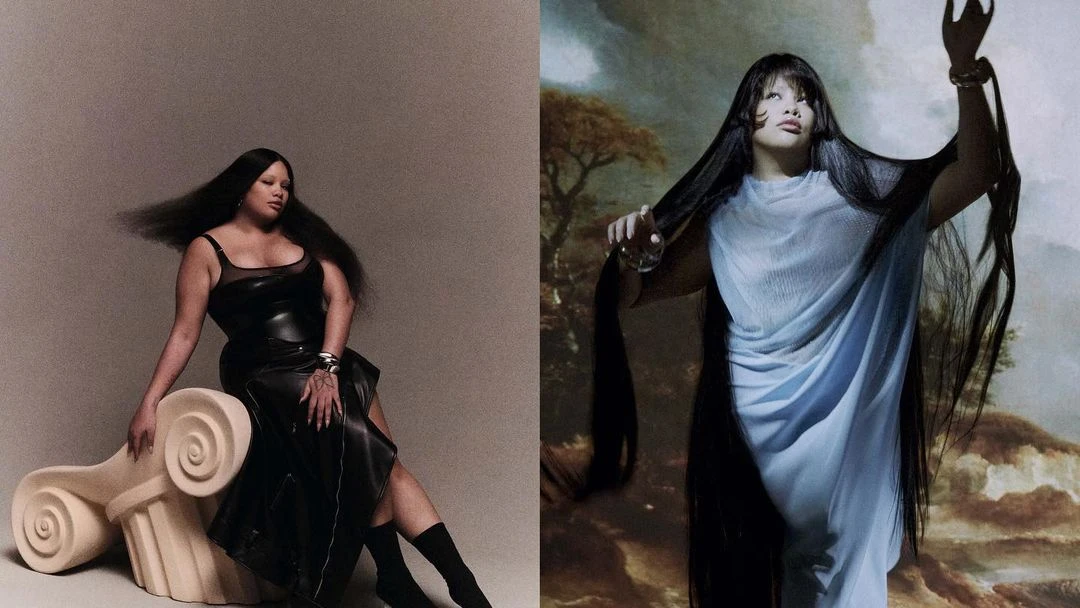 Two striking women in draped dresses showcase dramatic long black hair; one poses with a faux-Corinthian column, evoking classical beauty.