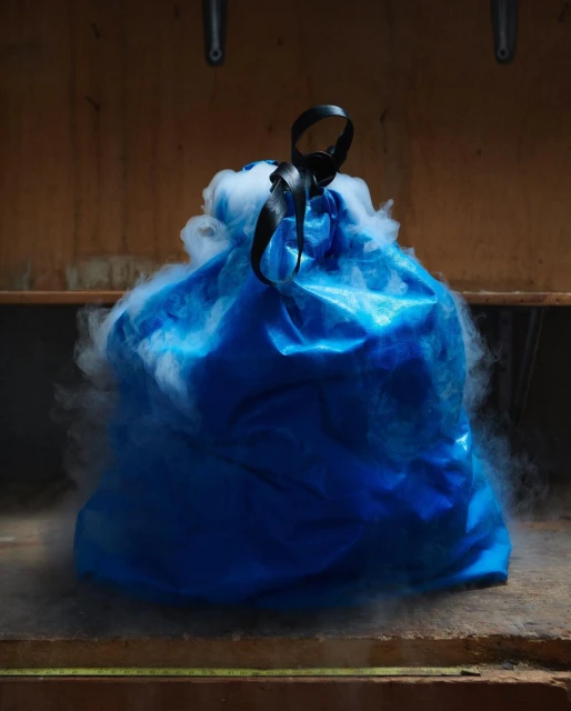 A blue plastic-like object encircled by white smoke, held by a black strap against a simple brown background, creating a mysterious visual.