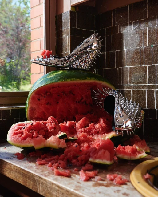 High heel shoes with silver spikes on a smashed watermelon and countertop. A window shows a brick building and green trees.