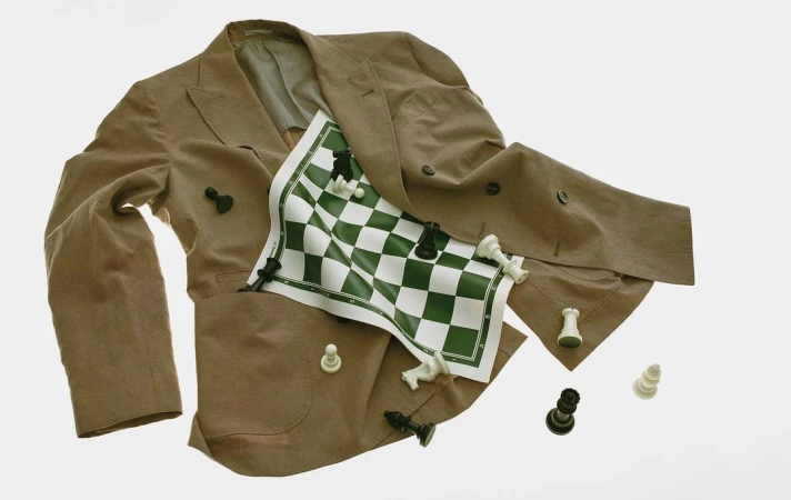 Wrinkled beige suit jacket with buttons, green and white checkered game board, and scattered black and white chess pieces on a white background.