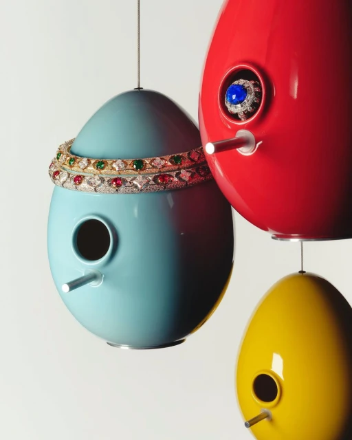 Colorful birdhouses are suspended by thin wires, adorned with jewelry, and set against a clean white background in a studio setting.