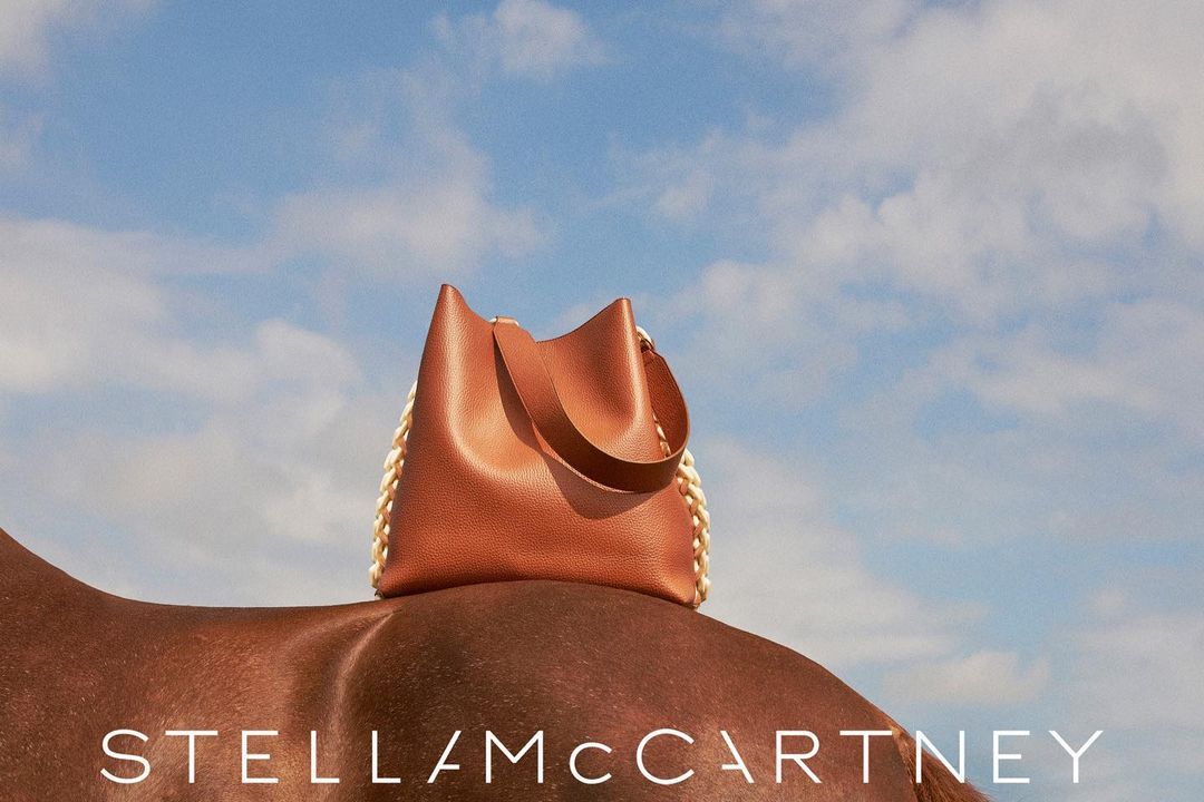 Fashionable brown leather Stella McCartney Falabella bucket bag with braided trim atop the back of a brown horse under a blue sky.