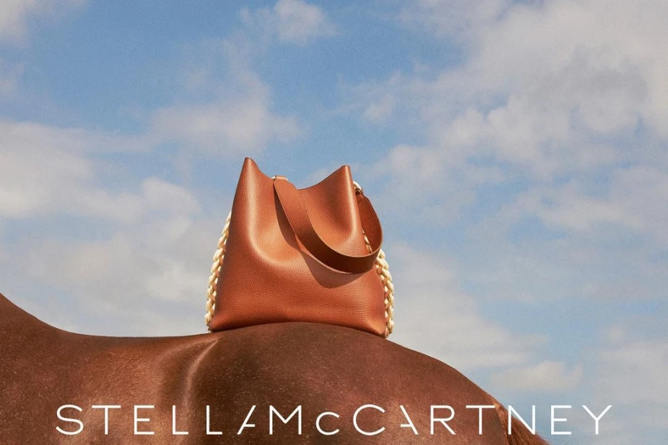 Fashionable brown leather Stella McCartney Falabella bucket bag with braided trim atop the back of a brown horse under a blue sky.