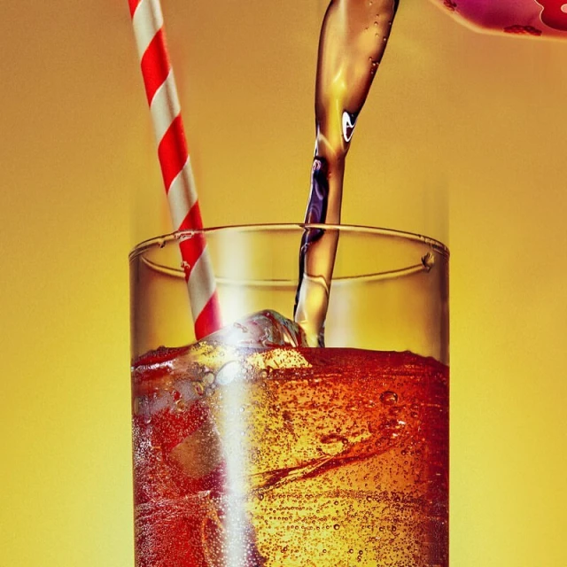 Iced drink being poured into a tall glass with a red and white striped straw on a yellow background; refreshment, beverage concept.