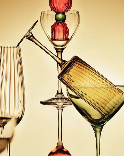 Arrangement of various shaped clear glassware with red and green objects inside, set against a graduated golden background in studio lighting.