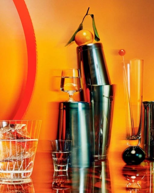 Still life shot of barware featuring a cocktail shaker with an orange on top, a filled highball glass, shot glass, and orange background.