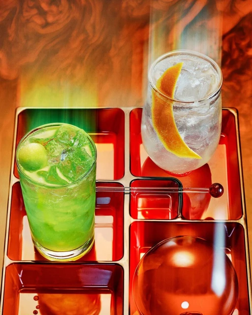 Two cocktails with ice cubes and orange peels are displayed on a divided tray with an orange and yellow smoke-like background.