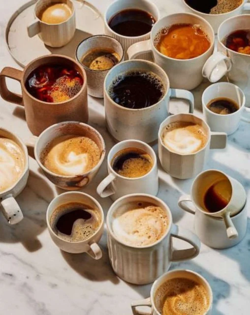 Numerous mugs filled with coffee and espresso variations, some with visible crema, displayed on a marble surface.