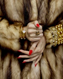 Close-up of hands with bright red manicure wearing gold jewelry against a brown patterned fur coat.