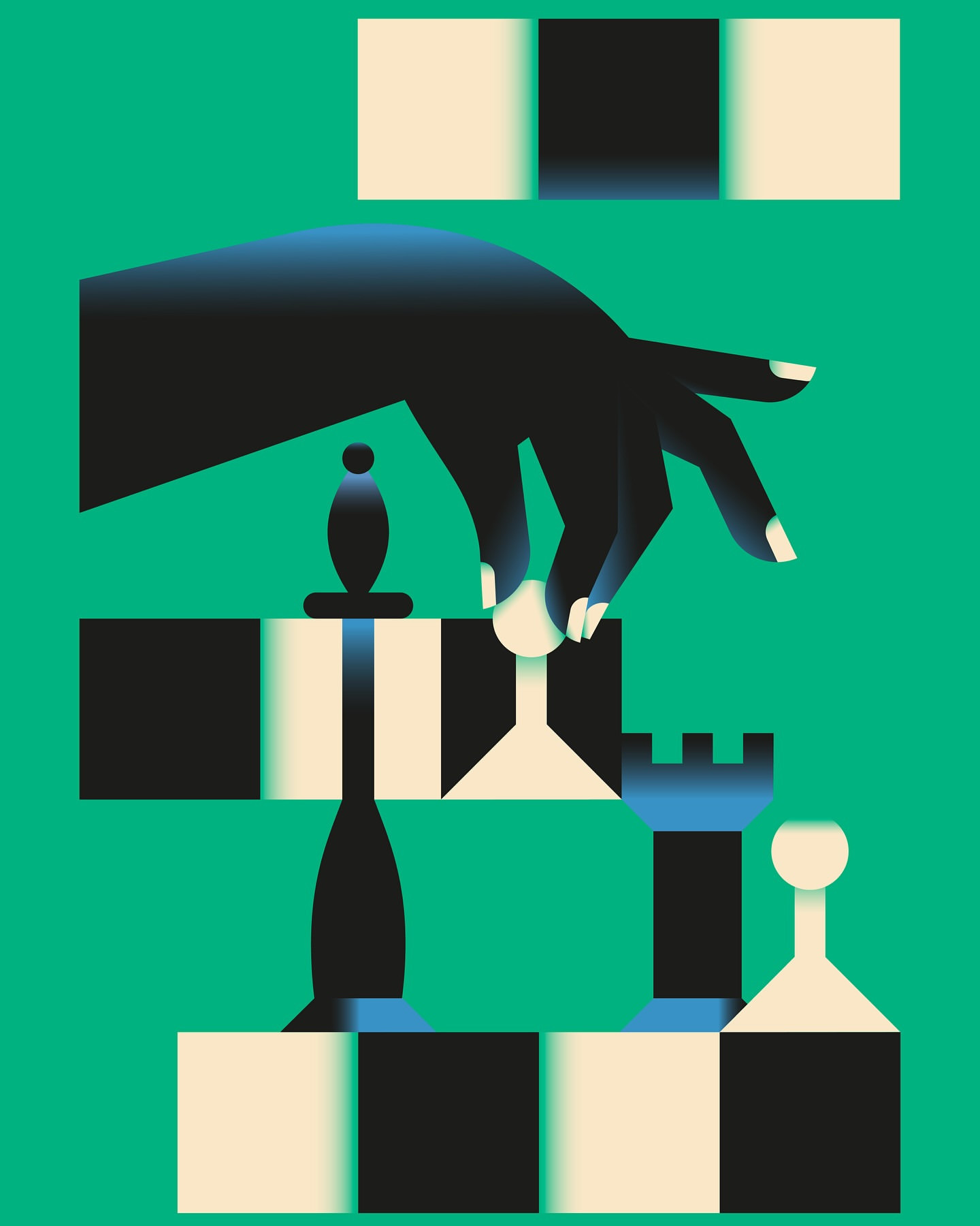 Illustration of a hand moving a chess piece on a board against a green background in an eye-level close-up perspective.