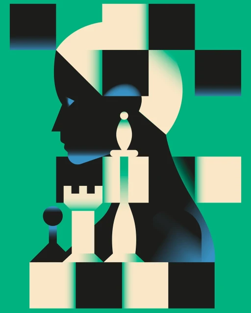 Stylized digital art of a human face in profile, overlaid with chess pieces and checkerboard patterns, in black, cream, and teal tones.