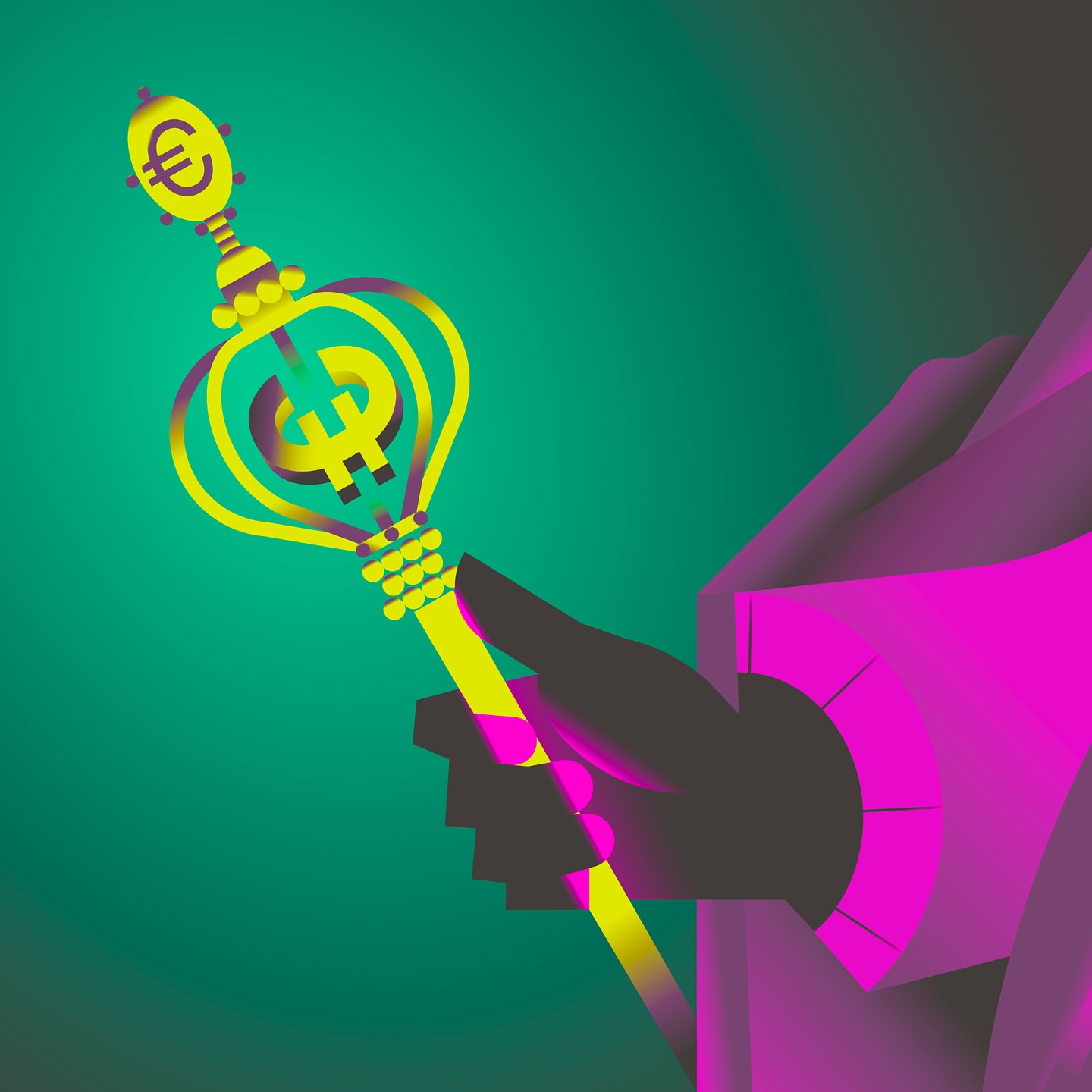 Illustration of a hand holding a stylized scepter with euro and dollar symbols, set against a green background.