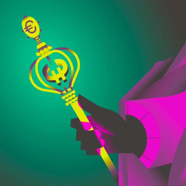 Illustration of a hand holding a stylized scepter with euro and dollar symbols, set against a green background.