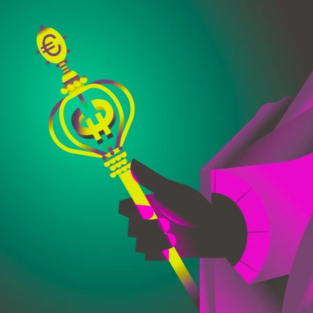 Illustration of a hand holding a stylized scepter with euro and dollar symbols, set against a green background.