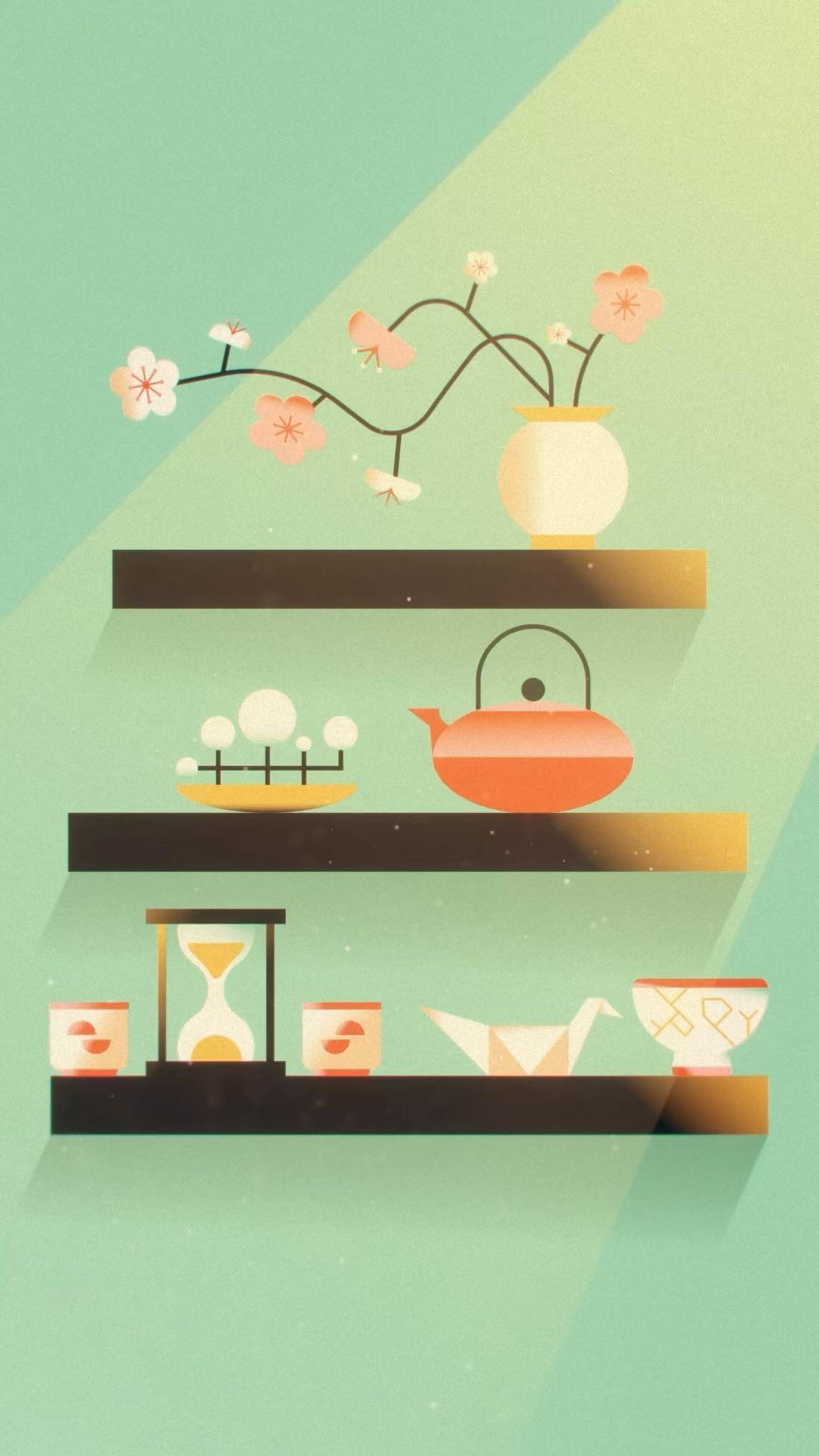 Whimsical illustration of a tea set, origami crane, hourglass, and vase with blossoms arranged on floating shelves against a gradient backdrop.