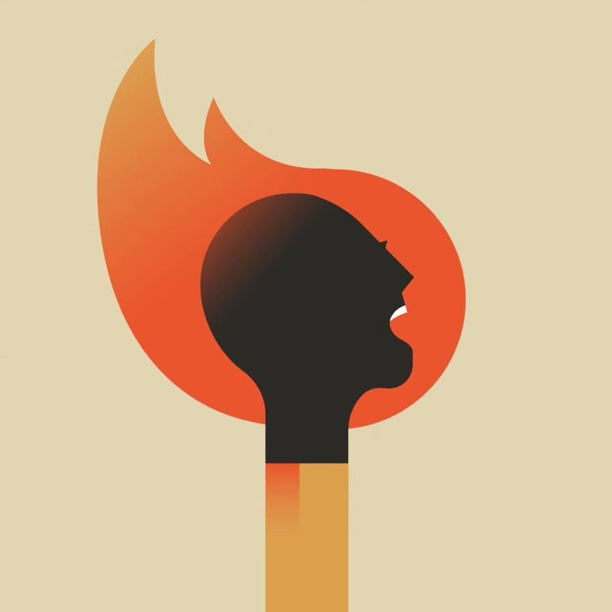 Illustration of an abstract silhouette of a screaming human head engulfed in a stylized flame, set against a light beige background.