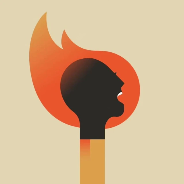 Illustration of an abstract silhouette of a screaming human head engulfed in a stylized flame, set against a light beige background.