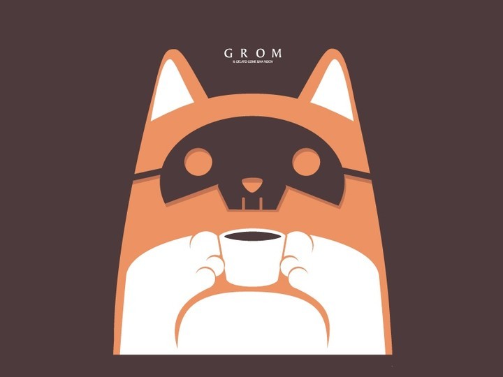 Digital art of an orange raccoon-like creature with a brown mask drinking from a white cup on a brown background.