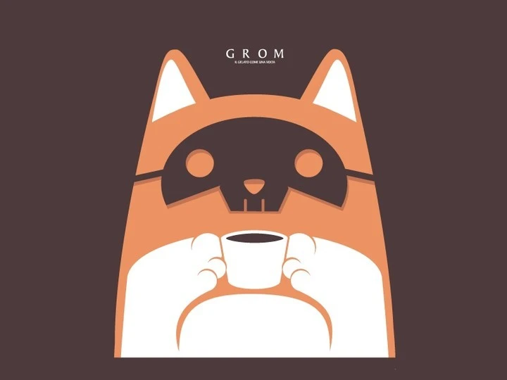 Digital art of an orange raccoon-like creature with a brown mask drinking from a white cup on a brown background.