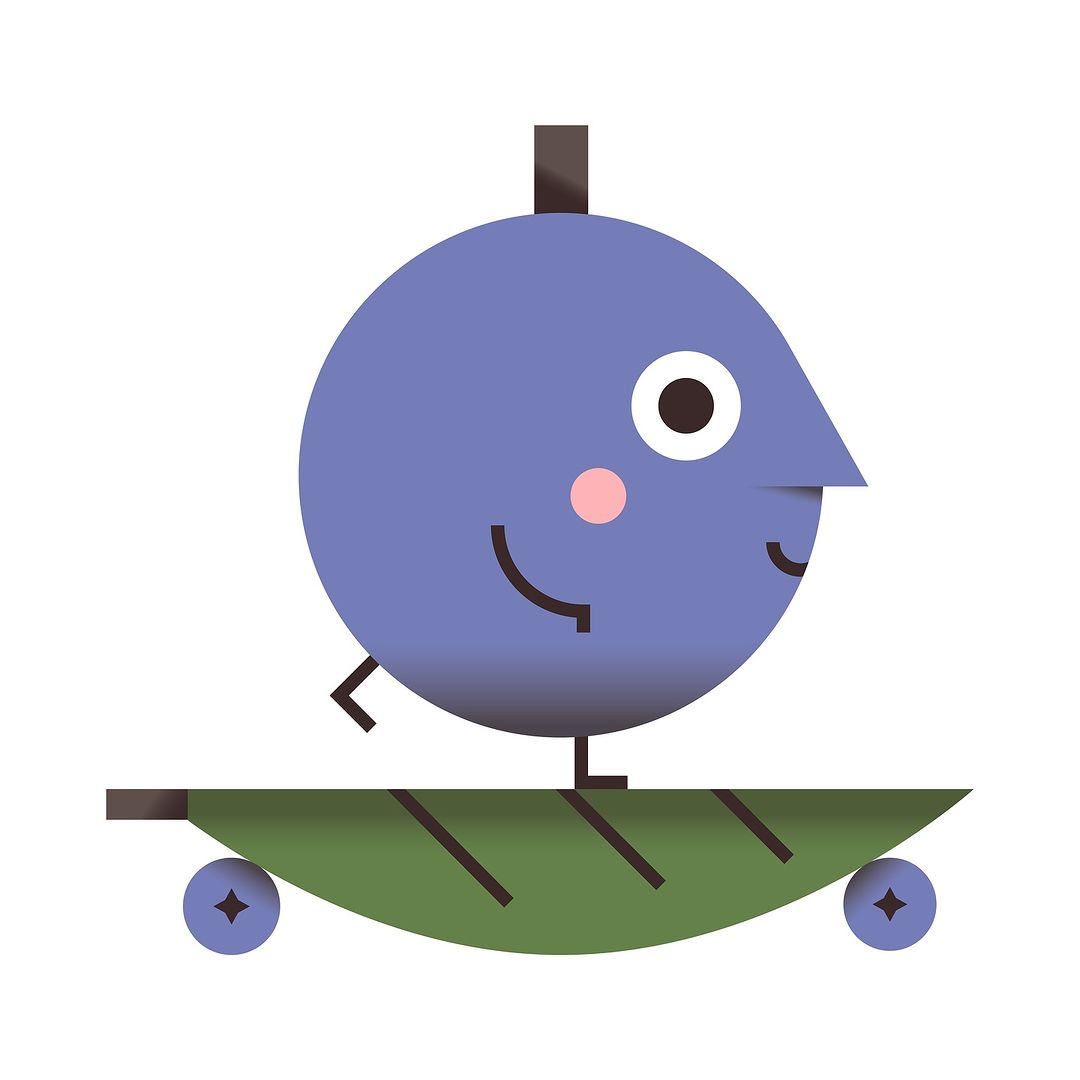 Whimsical illustration of a blue, circular character with facial features, standing on a platform with wheels, against a white background.