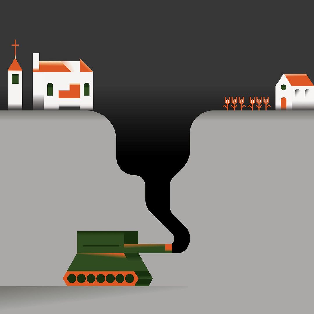 Illustration of a green tank facing geometric buildings across a divide. The divide emits black, smoke-like shapes. Conceptual.