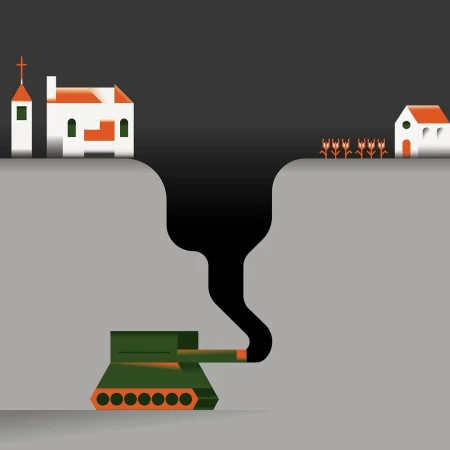 Illustration of a green tank facing geometric buildings across a divide. The divide emits black, smoke-like shapes. Conceptual.