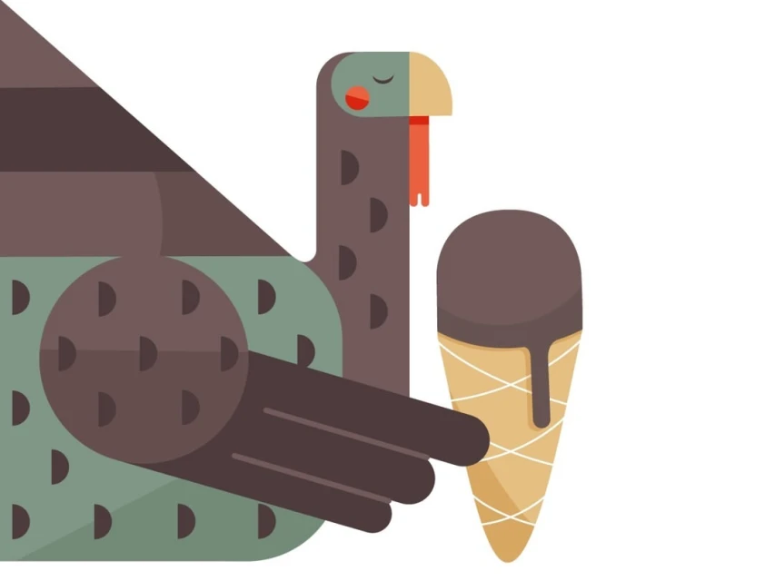 Vector illustration of a stylized bird holding a chocolate ice cream cone against a plain white background, flat vector art.