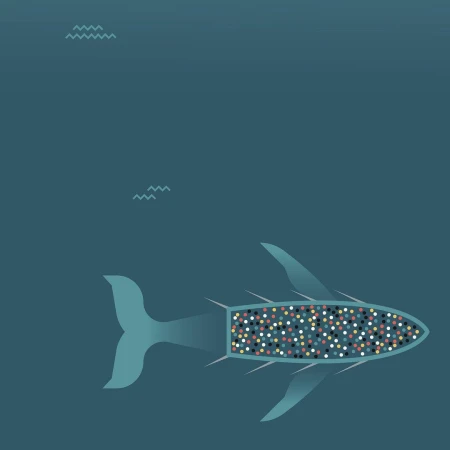 Stylized whale illustration in a blue underwater scene, showcasing a design with a geometric body filled with colorful dots.