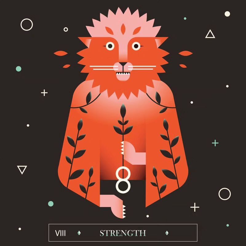 Illustration of an orange lion-like creature surrounded by geometric shapes and foliage on a black background with 'Strength' text.