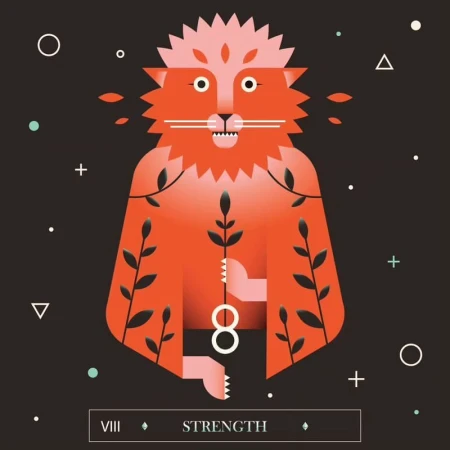 Illustration of an orange lion-like creature surrounded by geometric shapes and foliage on a black background with 'Strength' text.