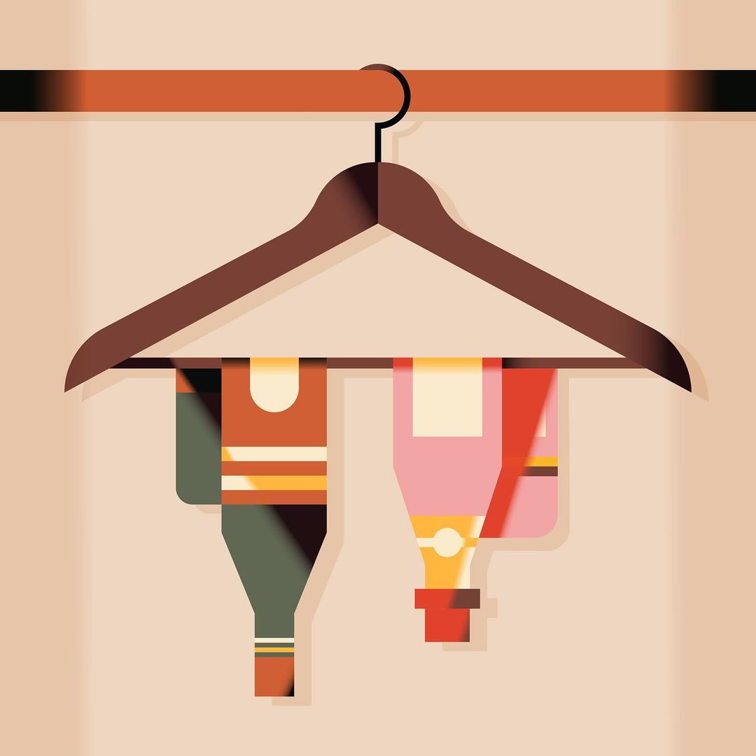 Stylized illustration of clothing on a hanger, depicting two abstract garments with unique color palettes and geometric shapes.