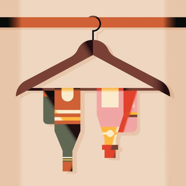 Stylized illustration of clothing on a hanger, depicting two abstract garments with unique color palettes and geometric shapes.