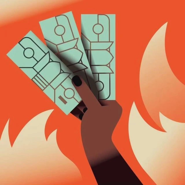 Illustration of a hand holding three patterned rectangular objects in front of orange background with stylized fire graphic.