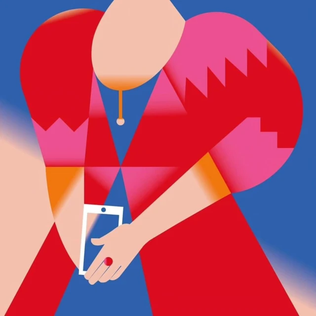 Stylized illustration of a person in red holding a smartphone, set against a blue background with geometric and gradient elements.