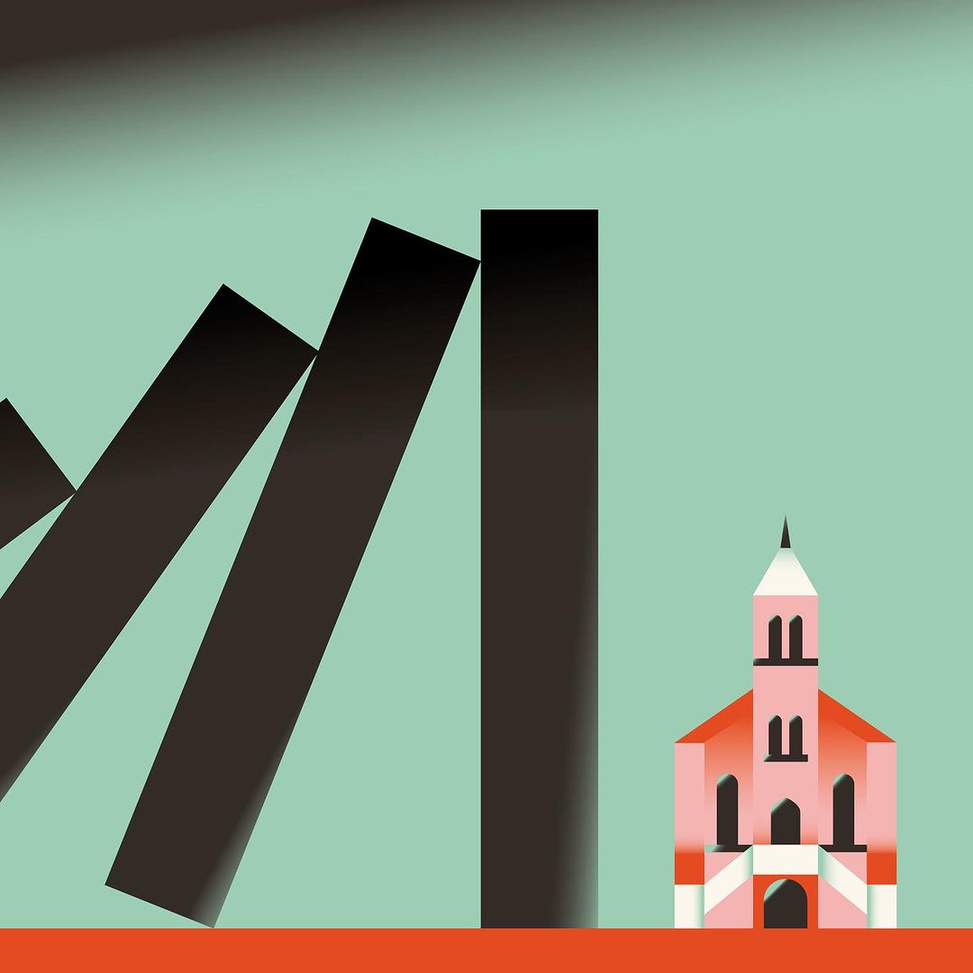 Illustration of a stylized pink church threatened by falling black dominoes, set against a teal background with a horizontal orange base.