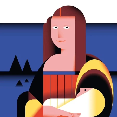 Stylized vector graphic of Mona Lisa holding a baby with geometric shapes and flat colors in front of a blue background.