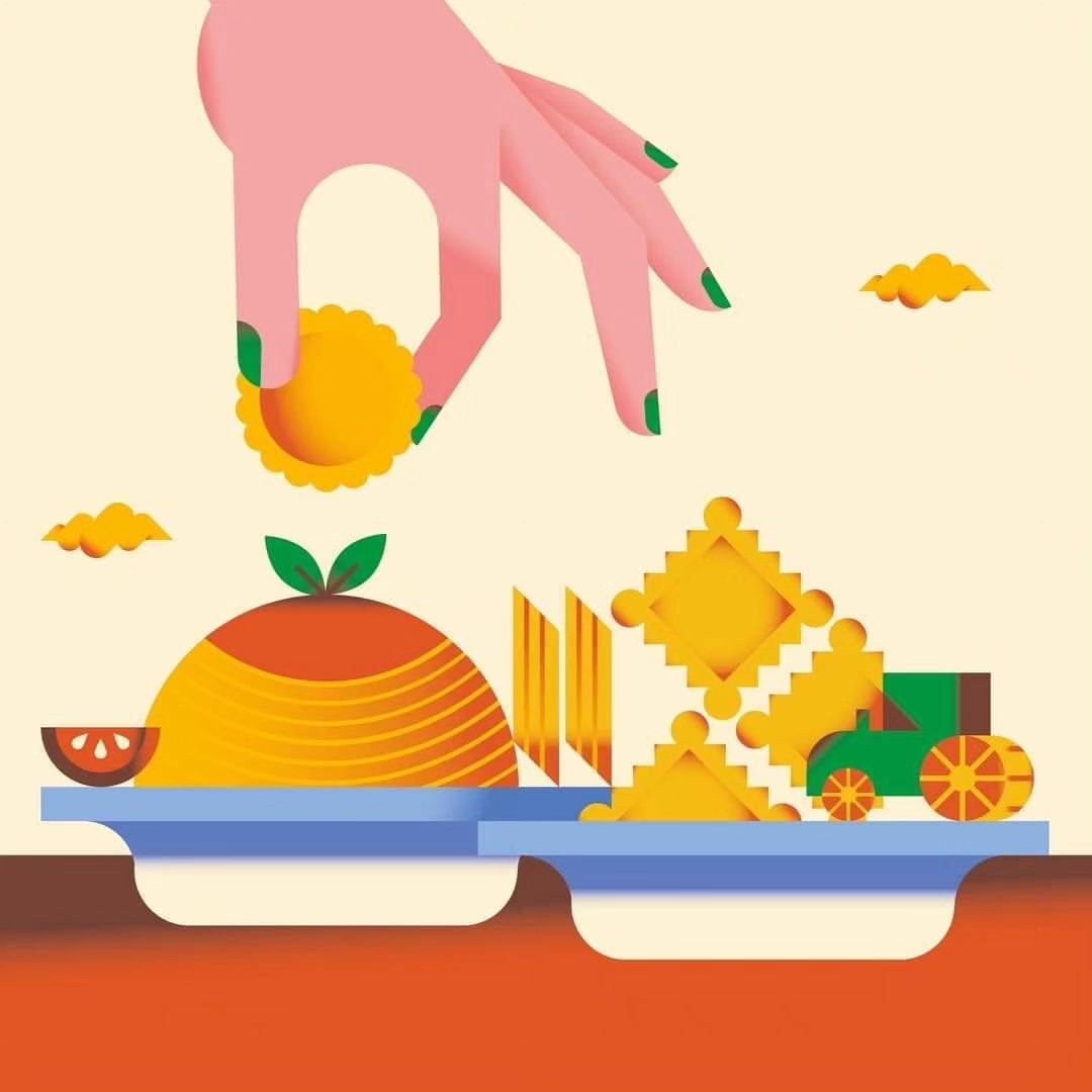 Illustration of a stylized hand placing a cookie near a plate of geometric food shapes, featuring orange, yellow, and green colors.