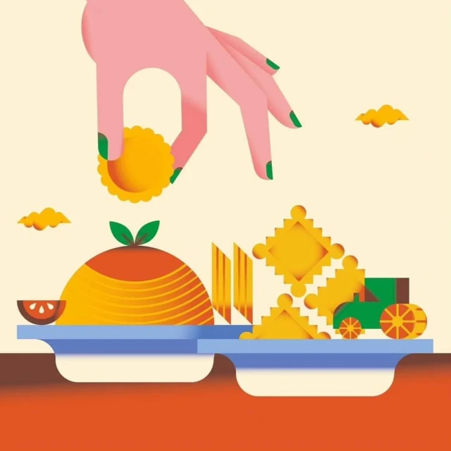 Illustration of a stylized hand placing a cookie near a plate of geometric food shapes, featuring orange, yellow, and green colors.
